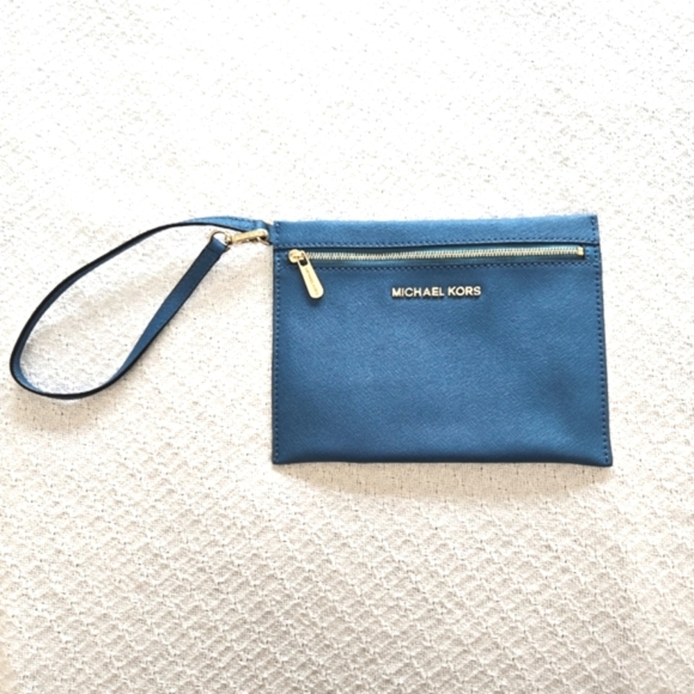 Michael Kors Teal Blue Saffiano Leather Wristlet Pouch Gold Hardware Zipper Bag